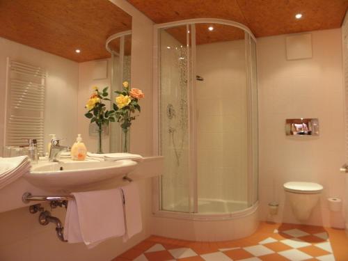 y baño con ducha y lavamanos. en HOCHDÜRRNBERG WATZMANN Doppelzimmer mit Bad Balkon Gästeküche - Frühstück optional, en Dürrnberg