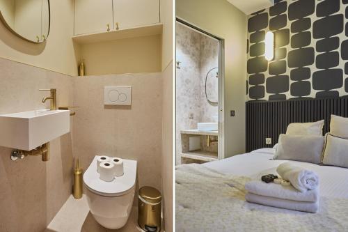- deux photos d'une chambre avec un lit et un lavabo dans l'établissement Residence Center of Paris by Studio prestige, à Paris