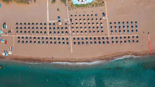 an overhead view of a beach with a building at Calypso Beach in Faliraki