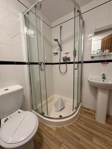 a bathroom with a shower and a toilet and a sink at Merrion Hotel in Llandudno