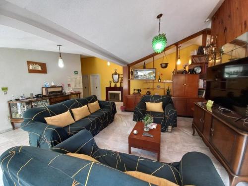 sala de estar con sofás azules y cocina en Margaritas Eco Haus en Querétaro