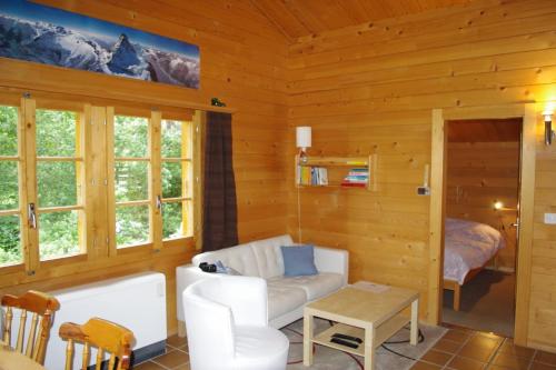 a living room with a couch and a bed at Le Bouvreuil Zinal, le VRAI petit chalet de vacances! in Zinal