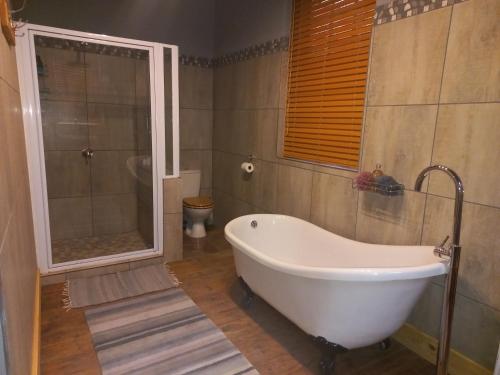 a bathroom with a tub and a shower and a toilet at The Cottage in De Rust