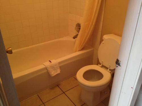 a bathroom with a toilet and a tub and a sink at Austin Motor Inn in Austin