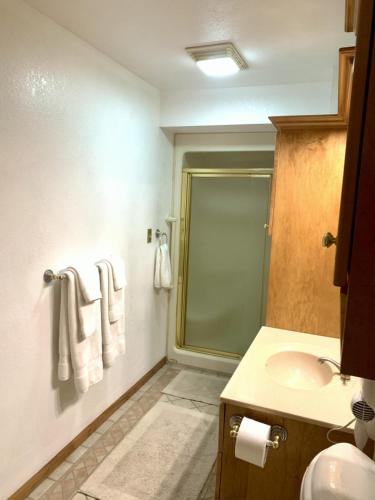 a bathroom with a sink and a shower with towels at Bridge Inn Tomahawk - Suite 101, Kitchen, 1 Kind Size Bed, 2 Futons, Walkout, River View in Tomahawk