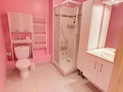 La salle de bains rose est pourvue de toilettes et d'une douche. dans l'établissement Appartement T2 Rez-de-Jardin à 50m de la Plage à Courseulles-sur-Mer - FR-1-746-16, à Courseulles-sur-Mer