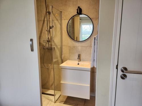 a bathroom with a sink and a mirror at Landhuis de heibloem in Heythuysen