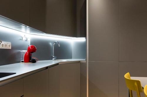 una cocina con fregadero y un objeto rojo en una encimera en Alde-zahar. Basquenjoy, en Hondarribia