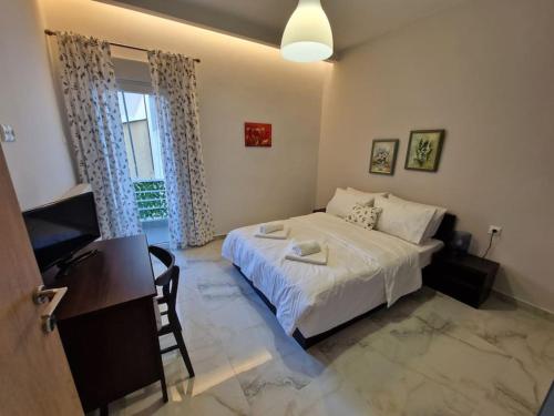 sypialnia z białym łóżkiem i telewizorem w obiekcie N&S Apartment B w mieście Edesa