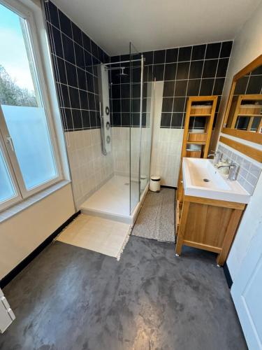 a bathroom with a shower and a sink at Jolie maison avec Salon Cinéma in Mouy