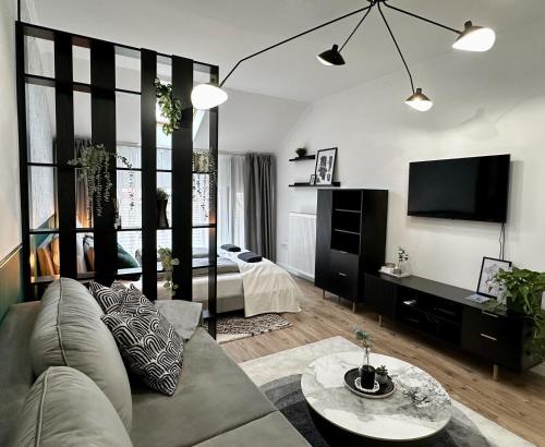 a living room with a couch and a tv at D26 Luxury Suites in Budapest