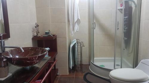 uma casa de banho com um lavatório, um chuveiro e um WC. em Balcones de Costa Azul Apto 302 em Santa Marta