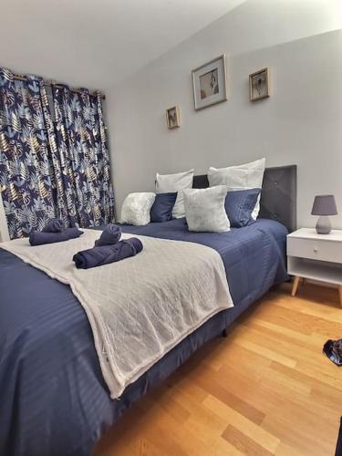 1 dormitorio con 2 camas con sábanas azules y blancas en Appartement a proximité aéroport paris Orly en Antony