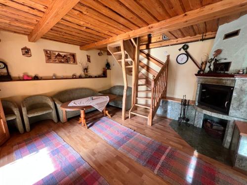 Chatka Hanka في تيرشوفا: غرفة معيشة مع أريكة ومدفأة