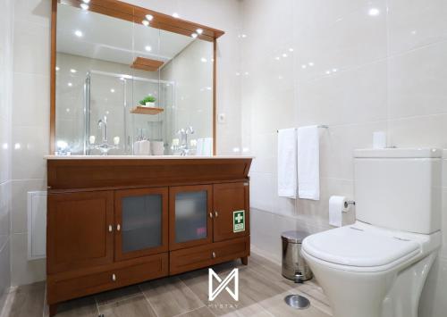 łazienka z toaletą i dużym lustrem w obiekcie MyStay - Oliveira Douro House w mieście Peso da Régua