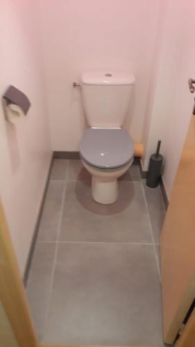 une salle de bain avec toilettes dans une petite pièce dans l'établissement maison 1 chambre, à Samois-sur-Seine