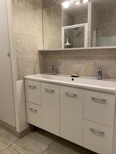 a bathroom with a white sink and a mirror at Chambre confort centre ville chez l'habitant in Lyon