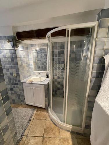 une salle de bain avec douche et lavabo dans l'établissement La Garde Freinet -Appartement avec terrasse, à La Garde-Freinet