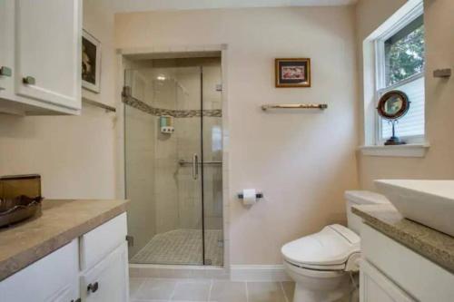 uma casa de banho com um chuveiro, um WC e um lavatório. em Grapevine Historic District ! New Remodel em Grapevine