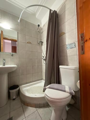 e bagno con servizi igienici, doccia e lavandino. di Piraeus Acropole Hotel a Pireo