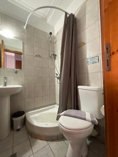 a bathroom with a toilet and a shower and a sink at Piraeus Acropole Hotel in Piraeus