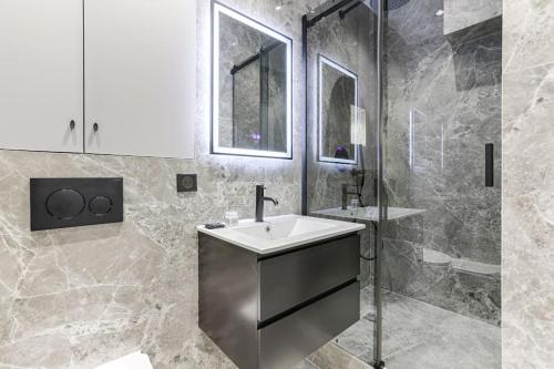 une salle de bain avec un lavabo et une douche dans l'établissement Magnifique appartement Magenta, à Paris