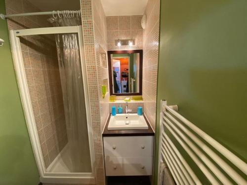 une salle de bain avec un lavabo, une douche et un miroir dans l'établissement Appartement dans une résidence avec piscine à Arcachon, à Arcachon