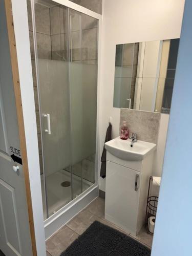 W łazience znajduje się szklana kabina prysznicowa i umywalka. w obiekcie Bestwood Lodge Studio w Nottingham