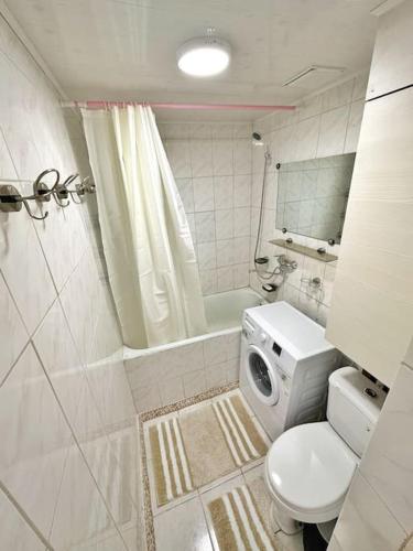 チョルポン・アタにあるУдобная квартира, уютный районの白いバスルーム(トイレ、シャワー付)