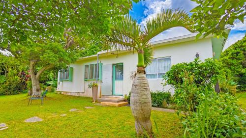 a palm tree in front of a white house at beach house Cg7p in Okinawa City