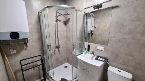 La salle de bains est pourvue d'une douche, de toilettes et d'un lavabo. dans l'établissement Apartamenty Centrum Plac Wolności ApartHotel, à Kielce