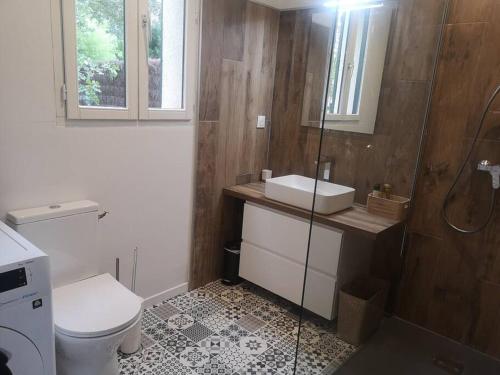 ein Bad mit einem WC, einem Waschbecken und einer Dusche in der Unterkunft Gîte des Pins-Chambord-Beauval in Cheverny