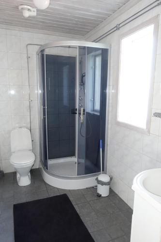 a bathroom with a shower with a toilet and a sink at Kallrigafjärden nära Öregrund in Östhammar
