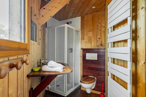 une salle de bain avec toilettes et douche en verre dans l'établissement Villa 5ch au calme dans le domaine du golf, à Lacanau