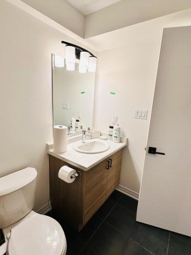 La salle de bains est pourvue de toilettes, d'un lavabo et d'un miroir. dans l'établissement Private and spacious Basement, à Kitchener