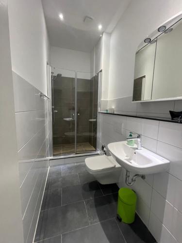 een badkamer met een toilet, een wastafel en een douche bij Stadtpension Heilbronn in Heilbronn