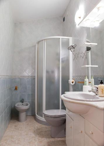 a bathroom with a shower and a toilet and a sink at Apartamento La Relojera 1 in Jarandilla de la Vera
