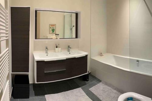 een badkamer met een wastafel, een bad en een spiegel bij Luxury 2 Bedroom - Antwerp City Centre in Antwerpen