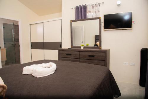 een slaapkamer met een bed met een spiegel en een dressoir bij Oceanview Jamaica in Discovery Bay