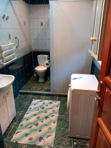 a bathroom with a toilet and a rug on the floor at DOM do wynajęcia Kruszewnia/Morąg in Morąg