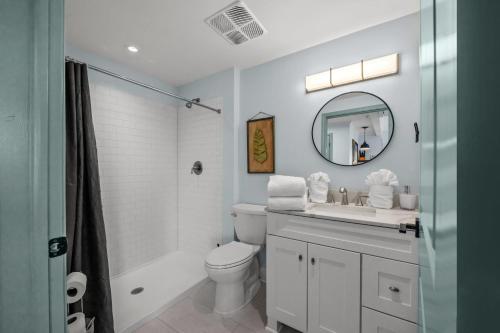 y baño con aseo, lavabo y espejo. en Historic Elegance Loft in Downtown Conway, en Conway