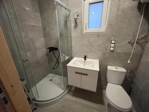 a bathroom with a shower and a toilet and a sink at Domki letniskowe Gąski in Gąski