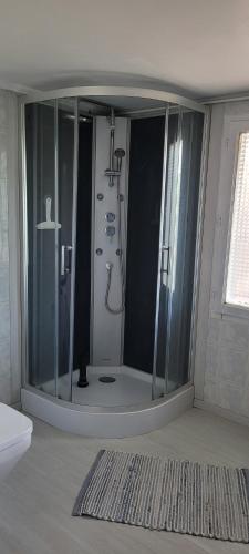 W łazience znajduje się prysznic ze szklaną obudową. w obiekcie Mitten im Dorf und doch im Grünen w mieście Montblanc