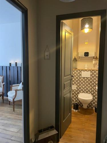 une salle de bain avec toilettes et miroir dans l'établissement Bed and Breakfast 2 chambres, 1 salle d'eau - Centre Versailles, à Versailles