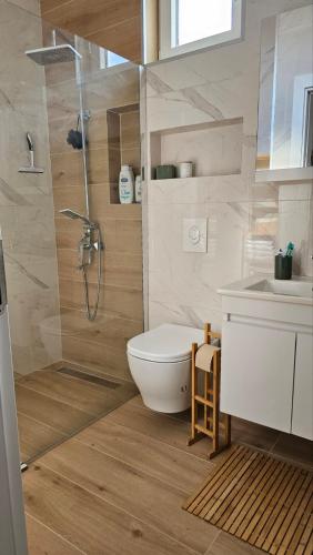 a bathroom with a shower and a toilet and a sink at Monte View Apartments in Ulcinj