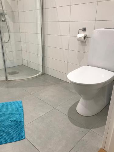 a bathroom with a toilet and a shower with a blue rug at Split 2 in Veberöd