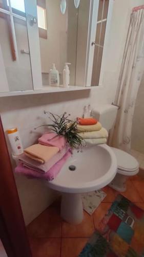 a bathroom with a sink and a toilet and a mirror at Valle Verde 3 Clima & Wi-Fi in Castellammare del Golfo