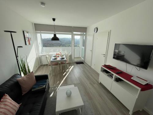 ein Wohnzimmer mit einem Sofa und einem Flachbild-TV in der Unterkunft Ferienpark - Haus O, App 0O0501 in Heiligenhafen
