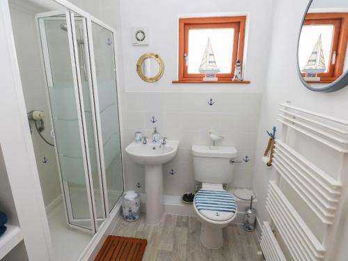 y baño con aseo, lavabo y ducha. en The Sail Loft en Milford Haven