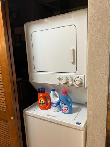 a refrigerator with two bottles of detergent on top of it at Minimalist Mansion in Shiloh